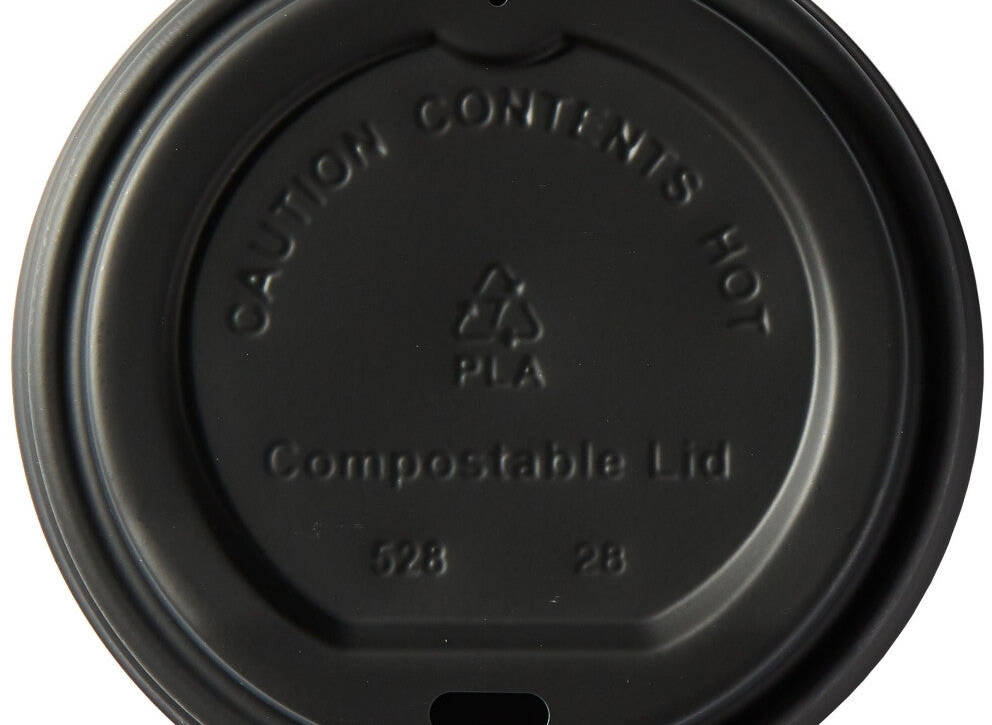 Coffee, tea and hot chocolate takeaway drink lids manufactured from CPLA.